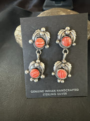 Red Spiny Oyster Pearl Navajo Dangle Earrings | Sterling Silver | Authentic Native American Handmade | 2062
