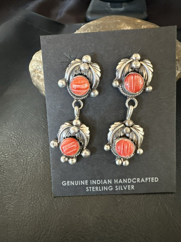 Red Spiny Oyster Pearl Navajo Dangle Earrings | Sterling Silver | Authentic Native American Handmade | 2062