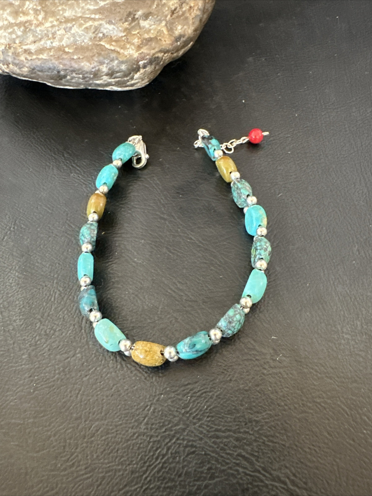 Womens Blue Turquoise Bead Southwestern Sterling Silver Link Bracelet 8" 17236A