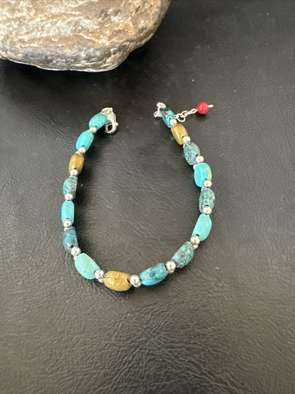 Womens Blue Turquoise Bead Southwestern Sterling Silver Link Bracelet 8" 17236A