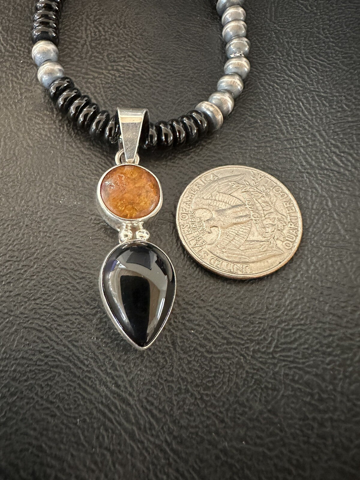 Mens Womens Black Onyx Amber Pendant Navajo Sterling Silver Necklace 18335