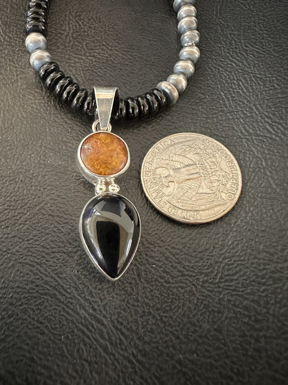 Mens Womens Black Onyx Amber Pendant Navajo Sterling Silver Necklace 18335