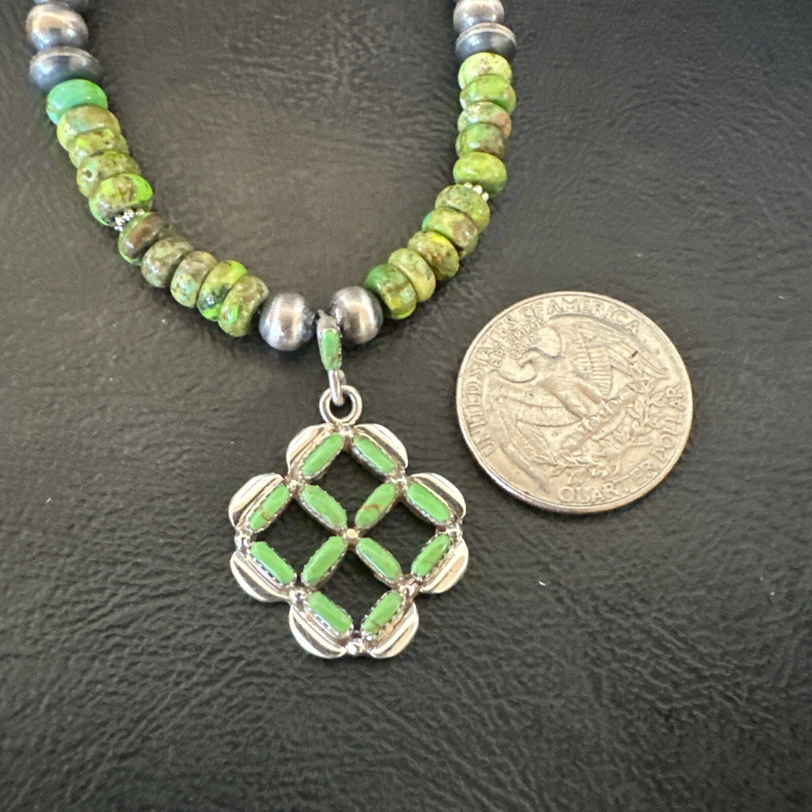 Womens Green Gaspeite Turquoise Pendant Navajo Sterling Silver Necklace 18370