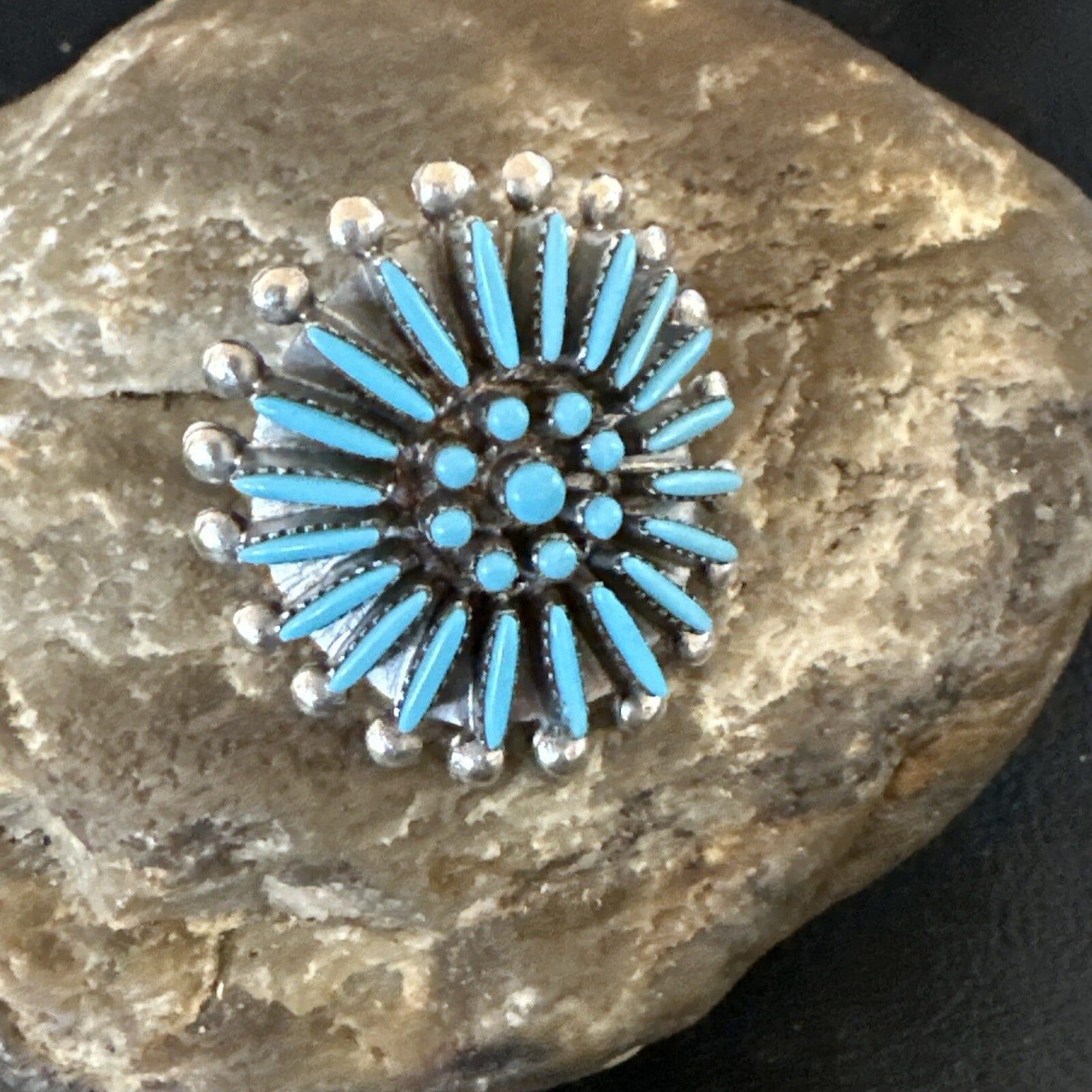 Blue Turquoise Zuni Sterling Silver Needle Point Cluster Ring Size 8 17843