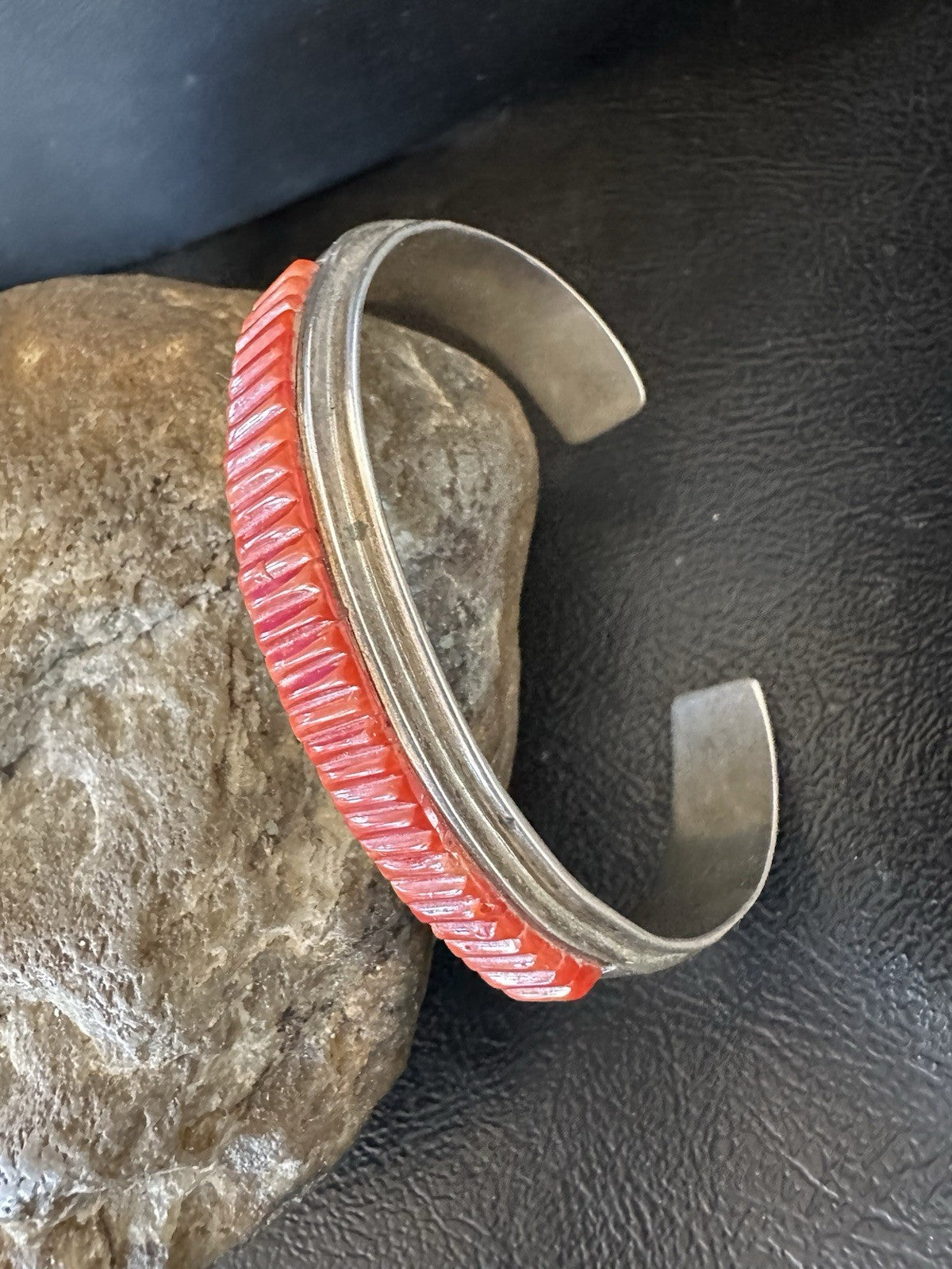 Native American Red Coral Navajo Bracelet Sterling Silver Handmade 19461