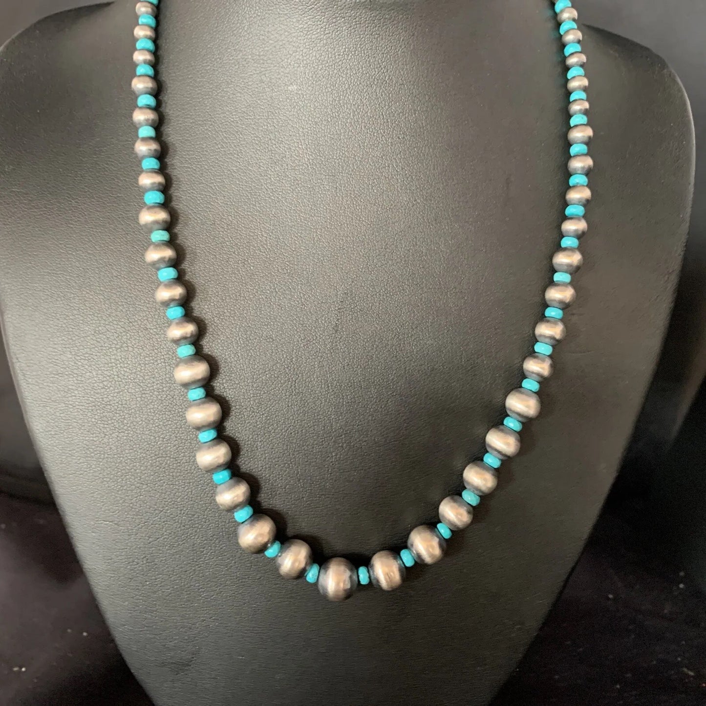 Navajo Pearls Graduated Sterling Blue Turquoise Bead Necklace 16" 96116