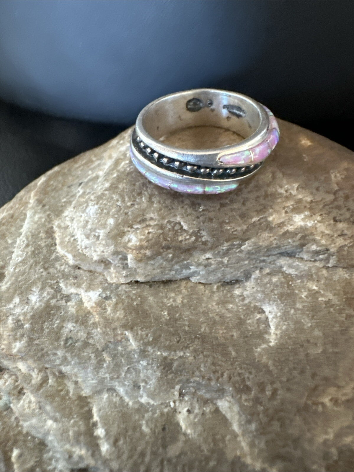 Pink Opal Navajo Sterling Silver Band Inlay Ring Size 9 18784
