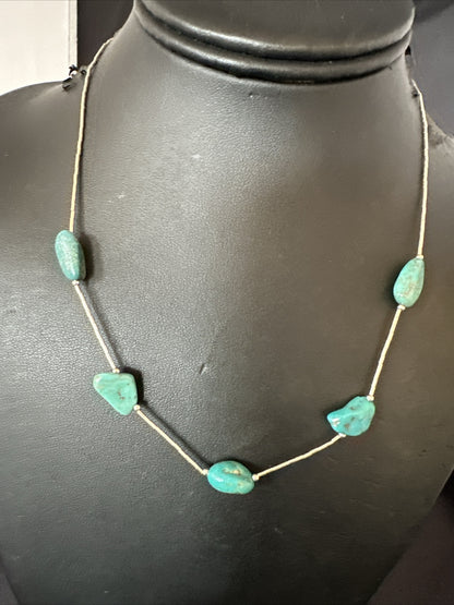 Turquoise Liquid Heishi Sterling Silver Nugget  17" Necklace 2930
