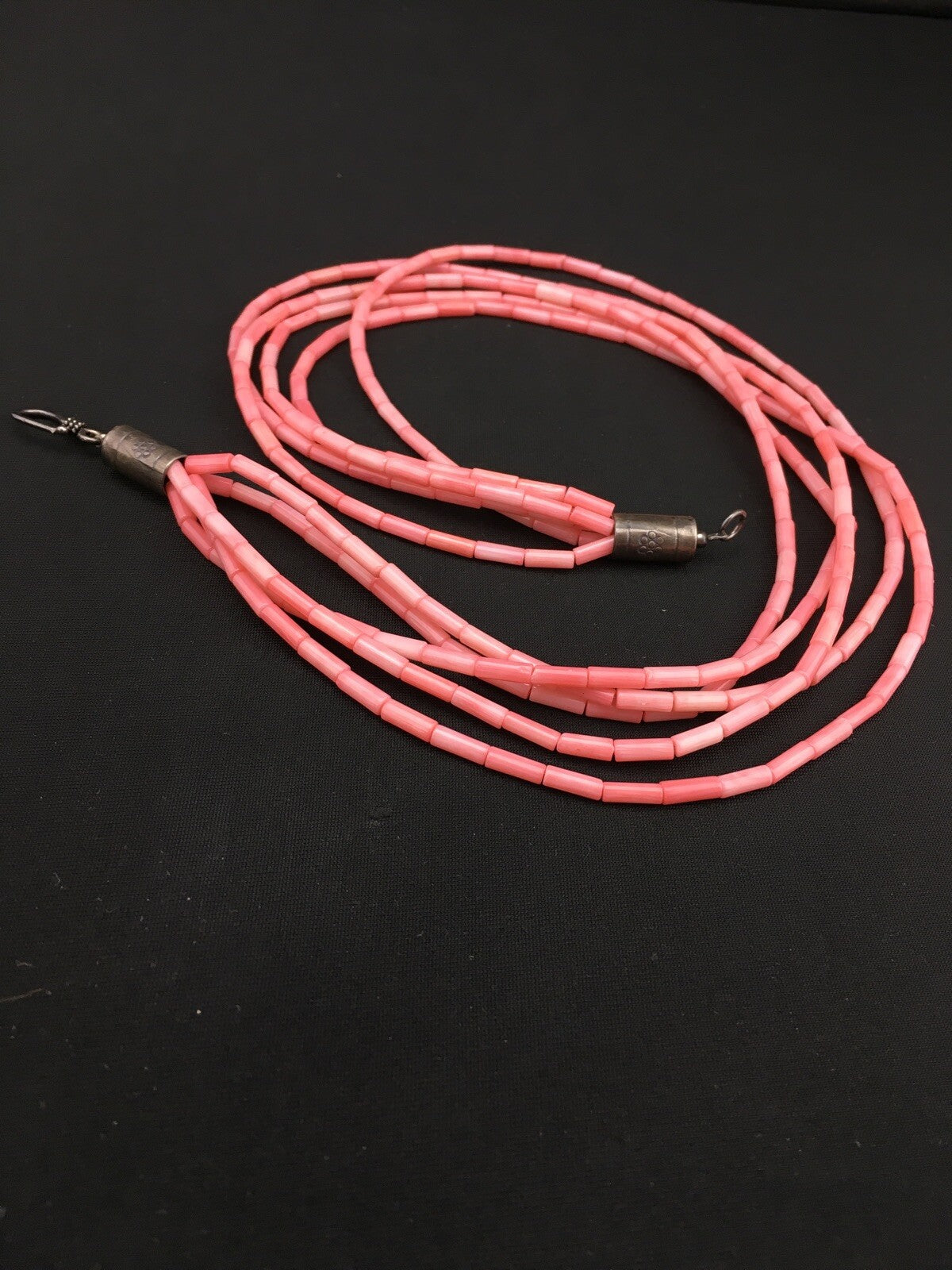 Pink Coral Tube Heishi Bead 5 Strand Navajo Sterling Silver Necklace 19" 1102