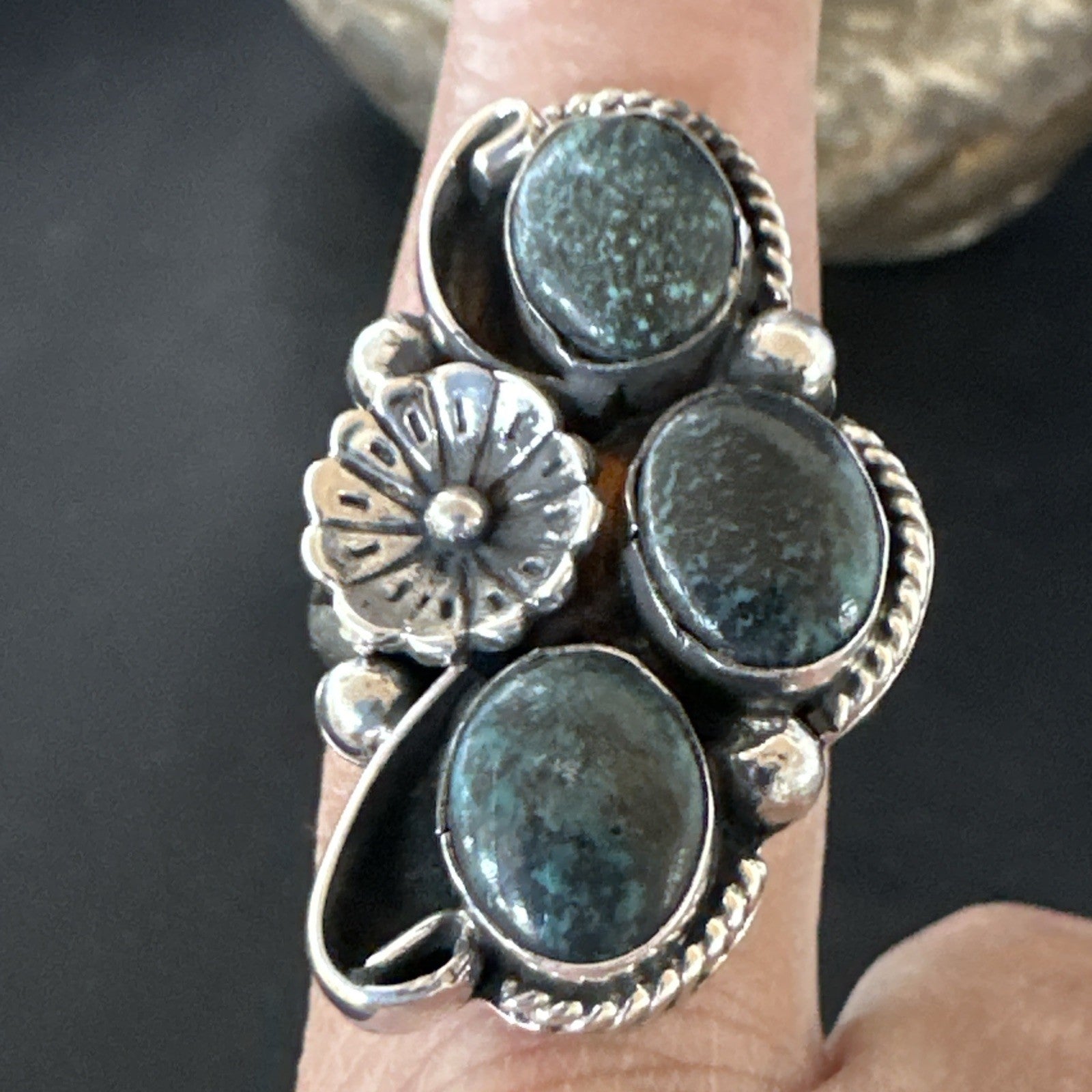 Yazzie Ring Blue Turquoise Navajo Sterling Silver Cluster Size 9.5 19241