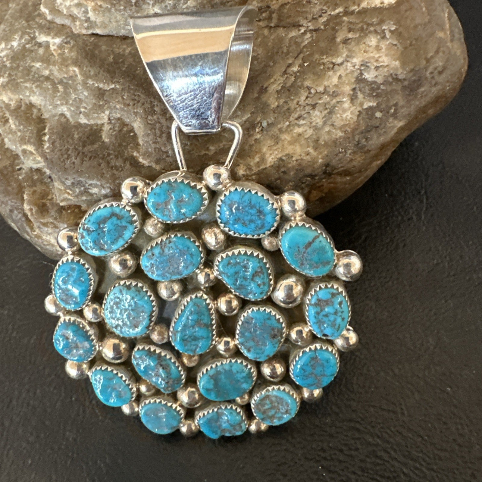 Cluster Kingman Turquoise Navajo Sterling Silver Necklace Pendant 2.75” 19087