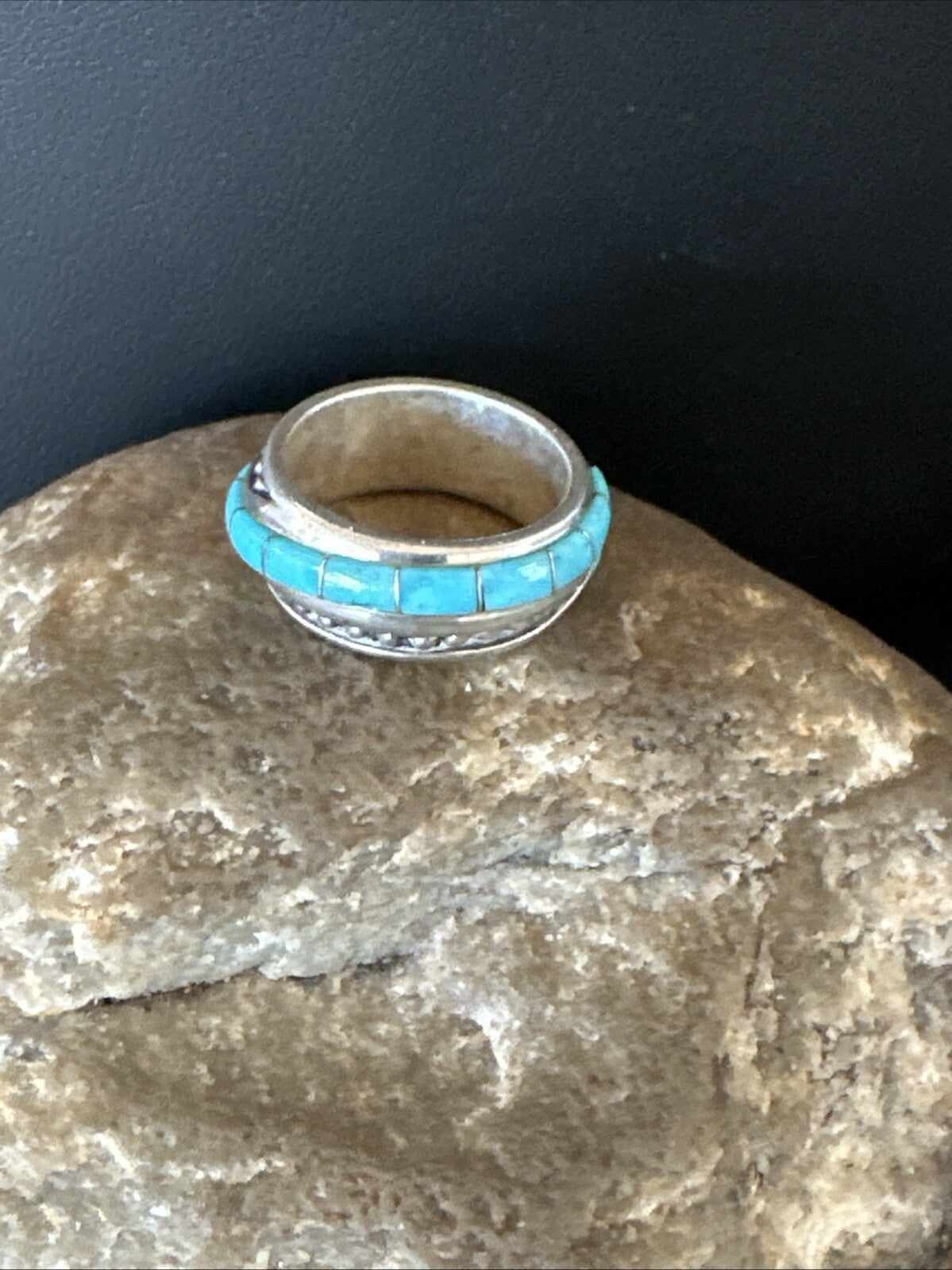 Blue Turquoise Navajo Sterling Silver Inlay Band Ring Size 7 18813
