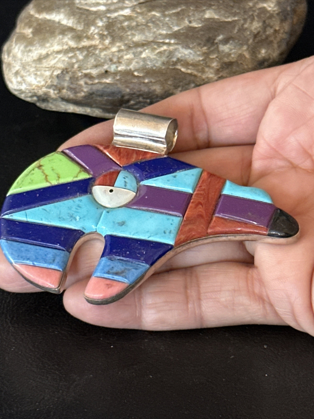 BEAR Mens Womens Navajo Sterling Multi-Color Turquoise Inlay Pendant 14226