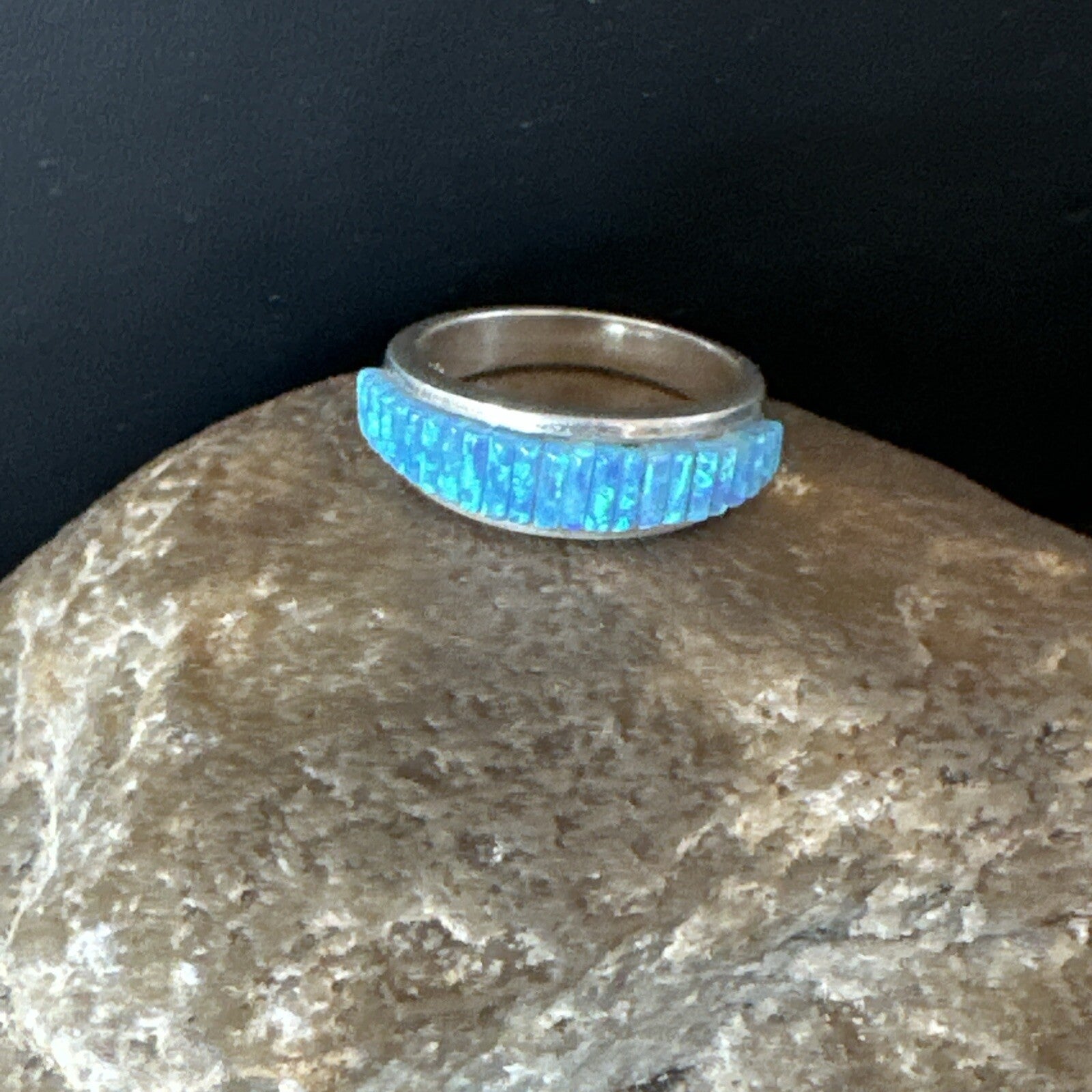 Blue Opal Navajo Sterling Silver Band Inlay Ring Size7 18800