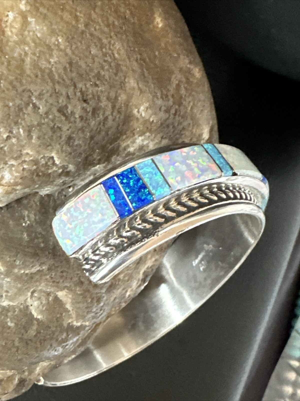 Blue Lapis Opal Zuni Sterling Silver Cuff Inlay Bracelet 17956