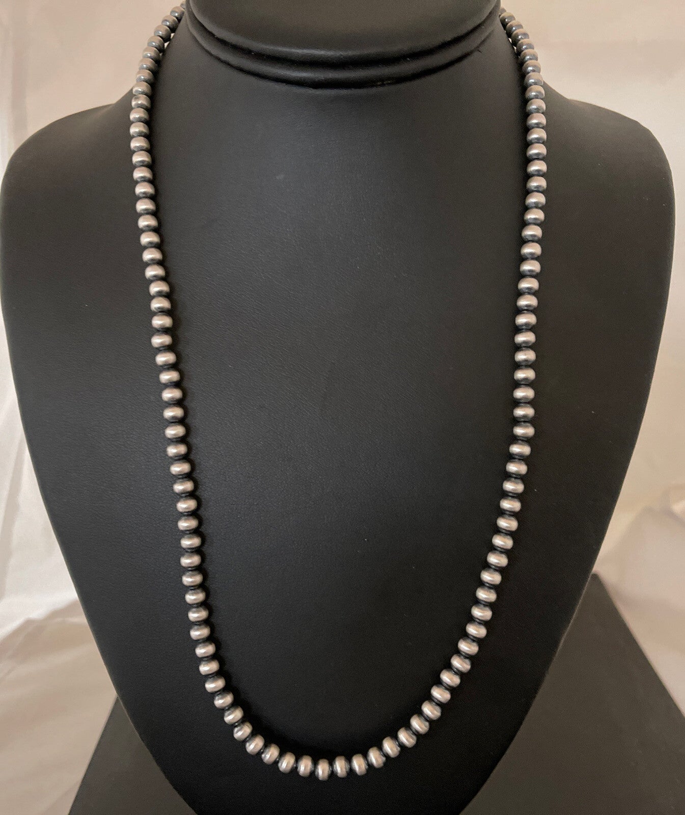 Native American 5mm Sterling Silver Beads Navajo 21" Hook & Eye Cone Necklace