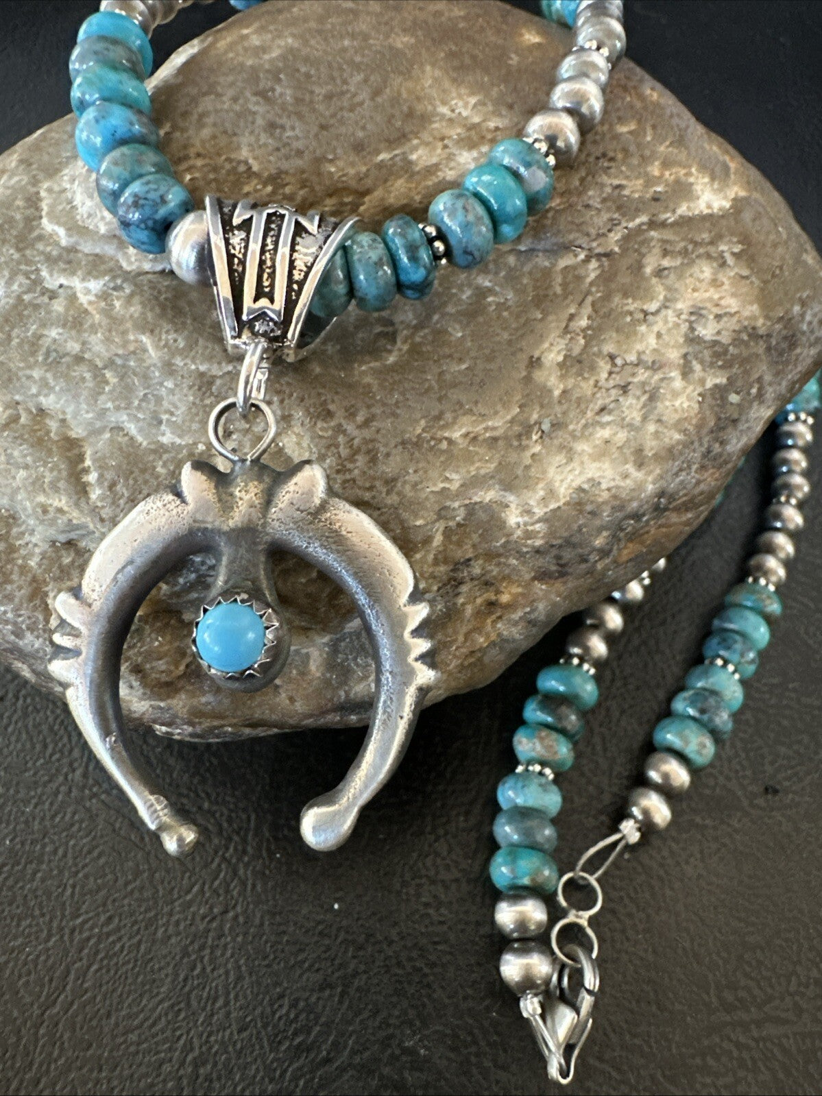 Blue Turquoise Naja Pendant 6mm Beads Navajo Sterling Silver Necklace 21" 18674