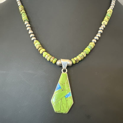 Womens Green Gaspeite Turquoise Pendant Navajo Sterling Silver Necklace 19546