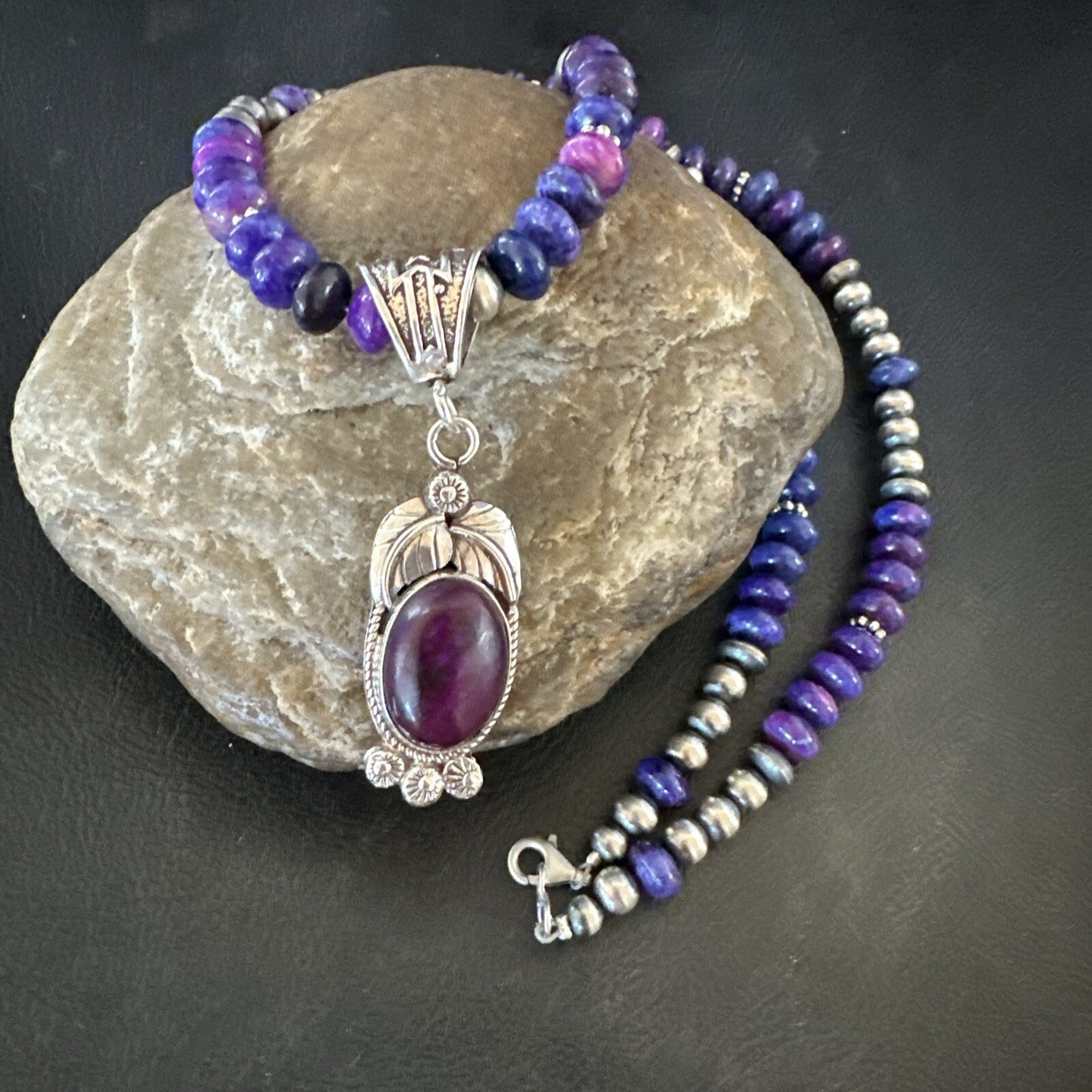 Purple Stone Pendant Navajo Pearls Sterling Silver Necklace 21” 18033