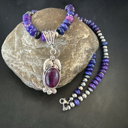 Purple Stone Pendant Navajo Pearls Sterling Silver Necklace 21” 18033