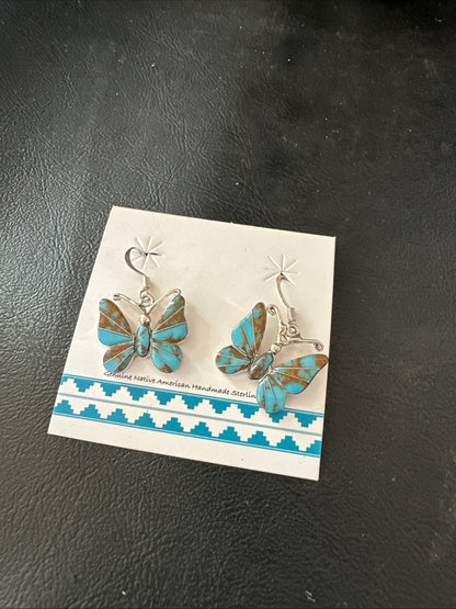 Butterfly Multicolor Turquoise#8 Inlay Sterling Silver Earrings 19818