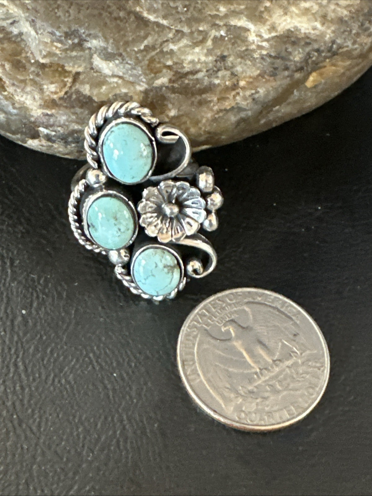 Yazzie Ring Blue Turquoise Navajo Sterling Silver Cluster Size 8.5 19226
