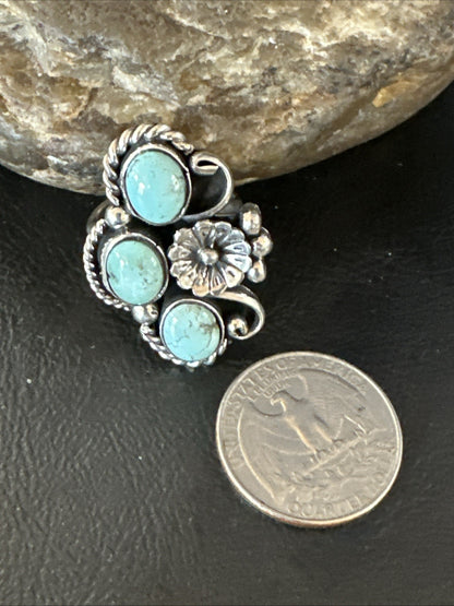 Yazzie Ring Blue Turquoise Navajo Sterling Silver Cluster Size 8.5 19226