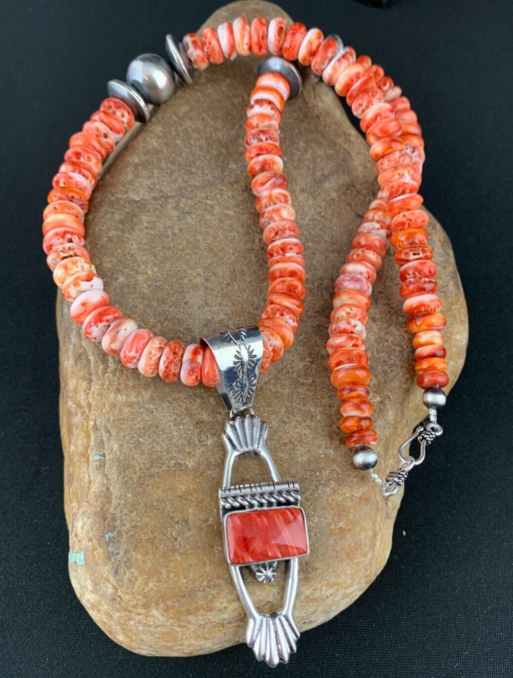 Mens Red Spiny Oyster Pendant Navajo Pearls Sterling Silver Necklace 18359