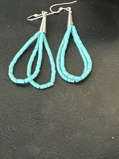 Heishi Dangle Blue Turquoise Sterling Earrings 2” 17955