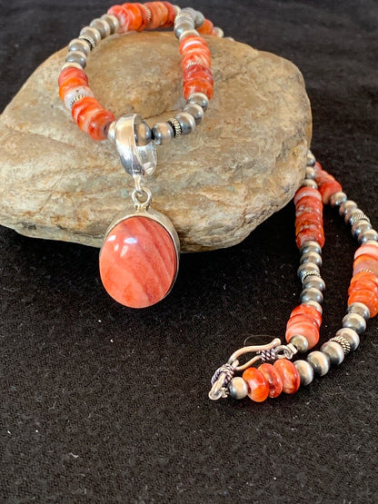 Native Men’s Red Spiny Oyster Pendant Navajo Sterling Silver Necklace 08820