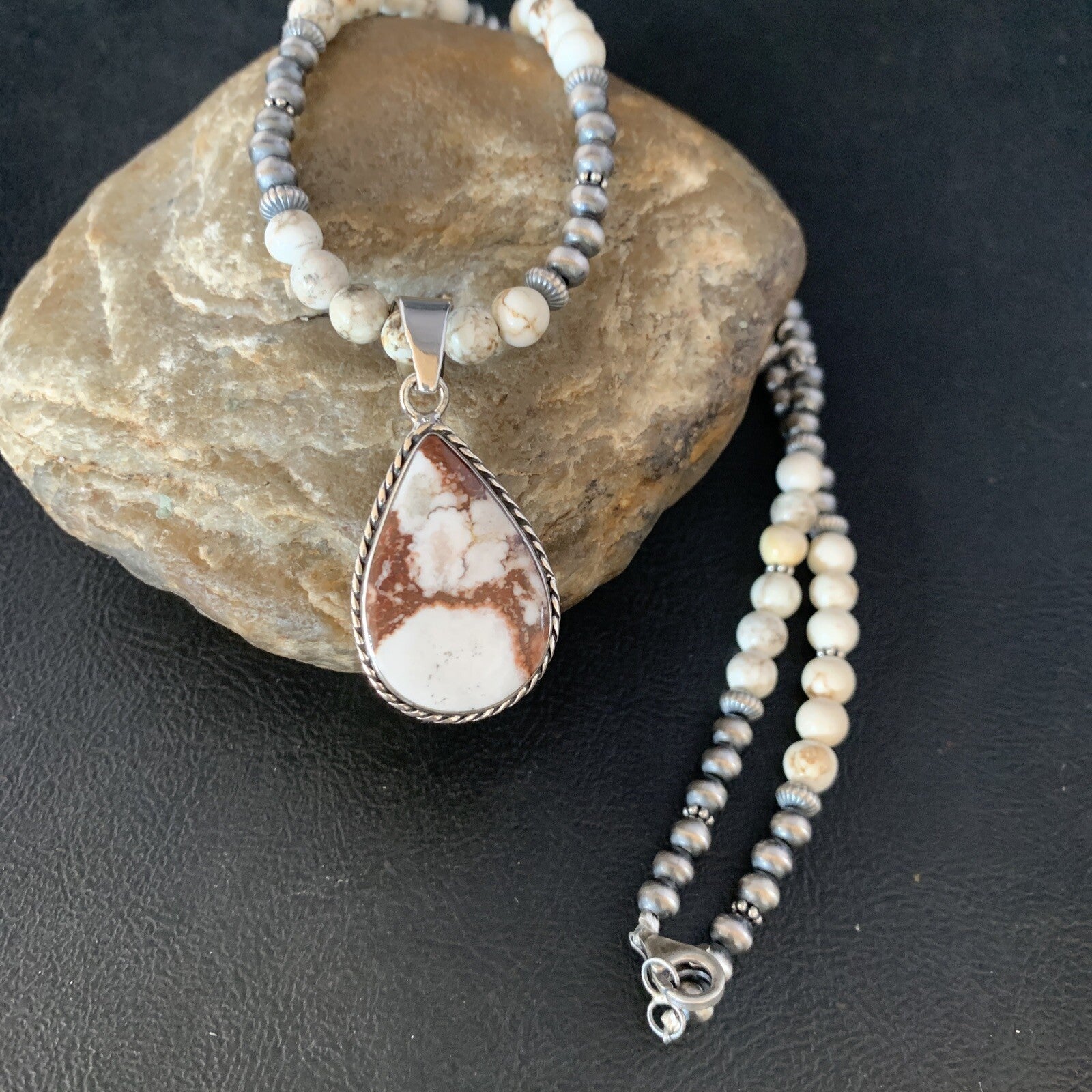 Navajo Pearls Sterling Silver Wild Crazy Horse Turquoise Necklace Pendant 13905