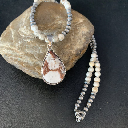 Navajo Pearls Sterling Silver Wild Crazy Horse Turquoise Necklace Pendant 13905