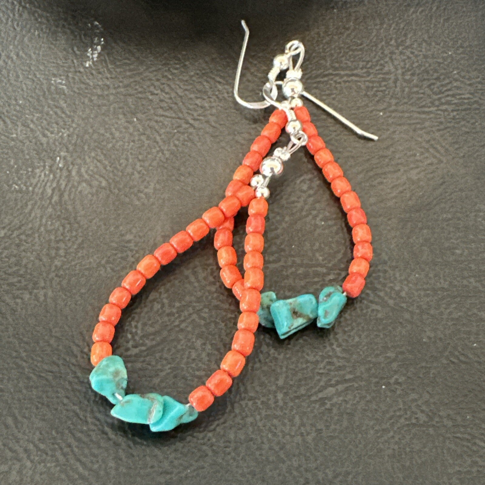Blue Turquoise Coral Navajo Sterling Silver Earrings 2” 18833