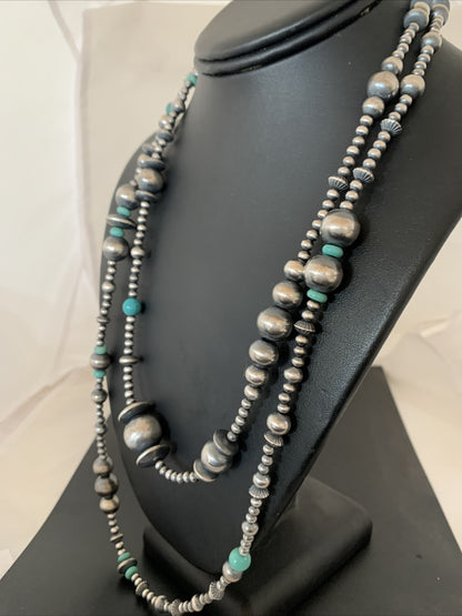 Native Sterling Silver Beads Royston Turquoise 48in Necklace 01401
