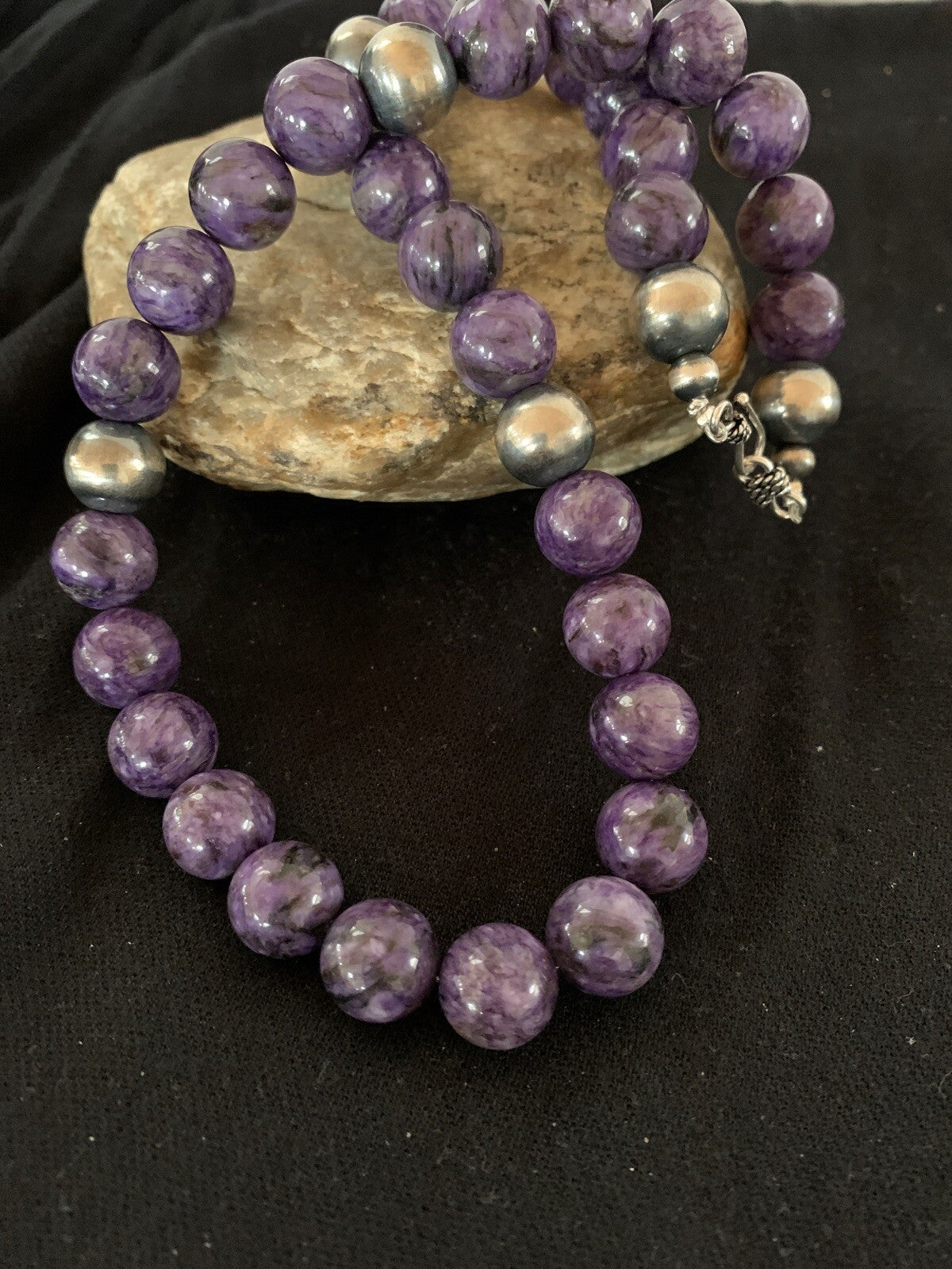 Purple Stone Bead Navajo Pearls Sterling Silver Necklace 04660