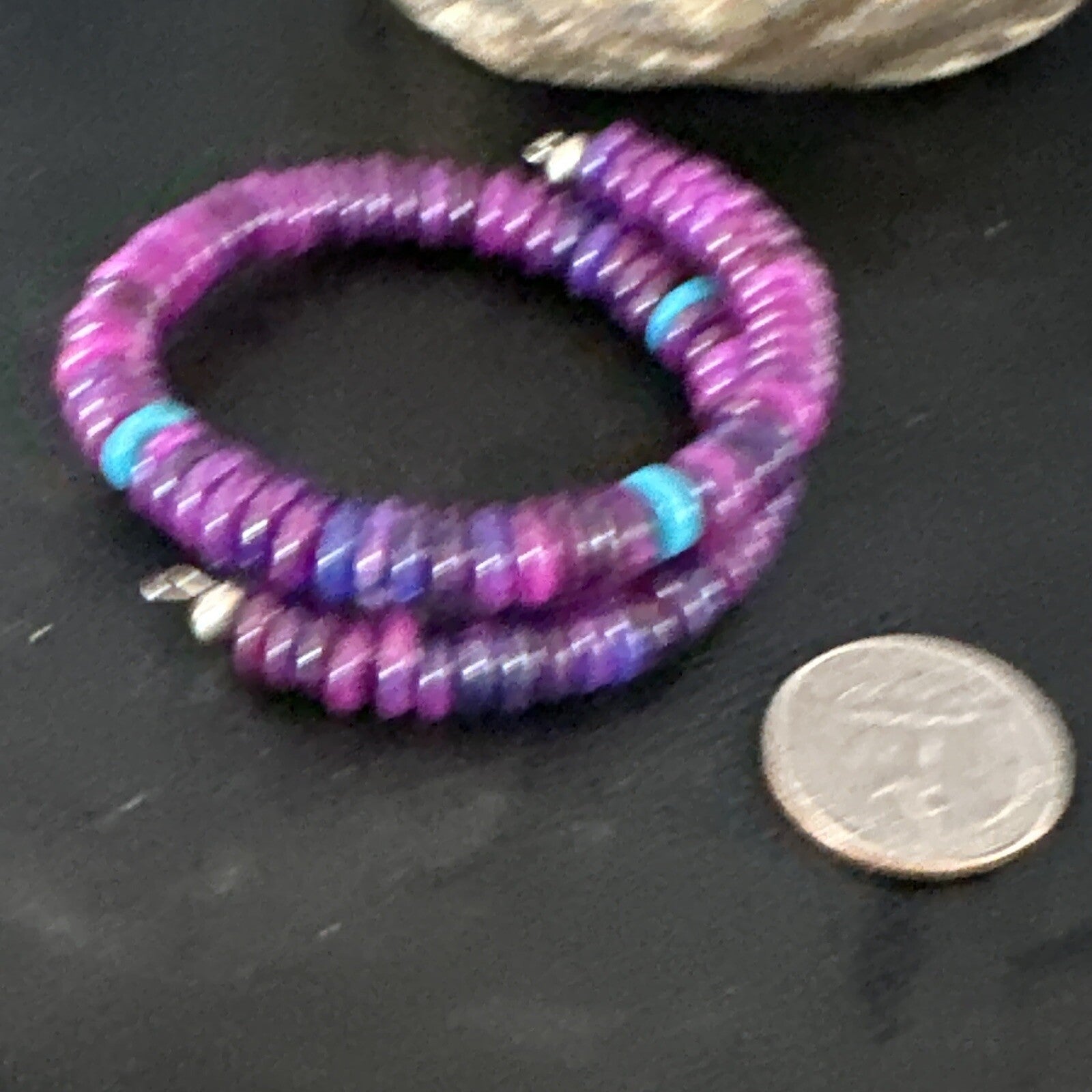 Purple Stone Turquoise 8mm Wire Bead Bracelet Navajo Sterling Silver 15241