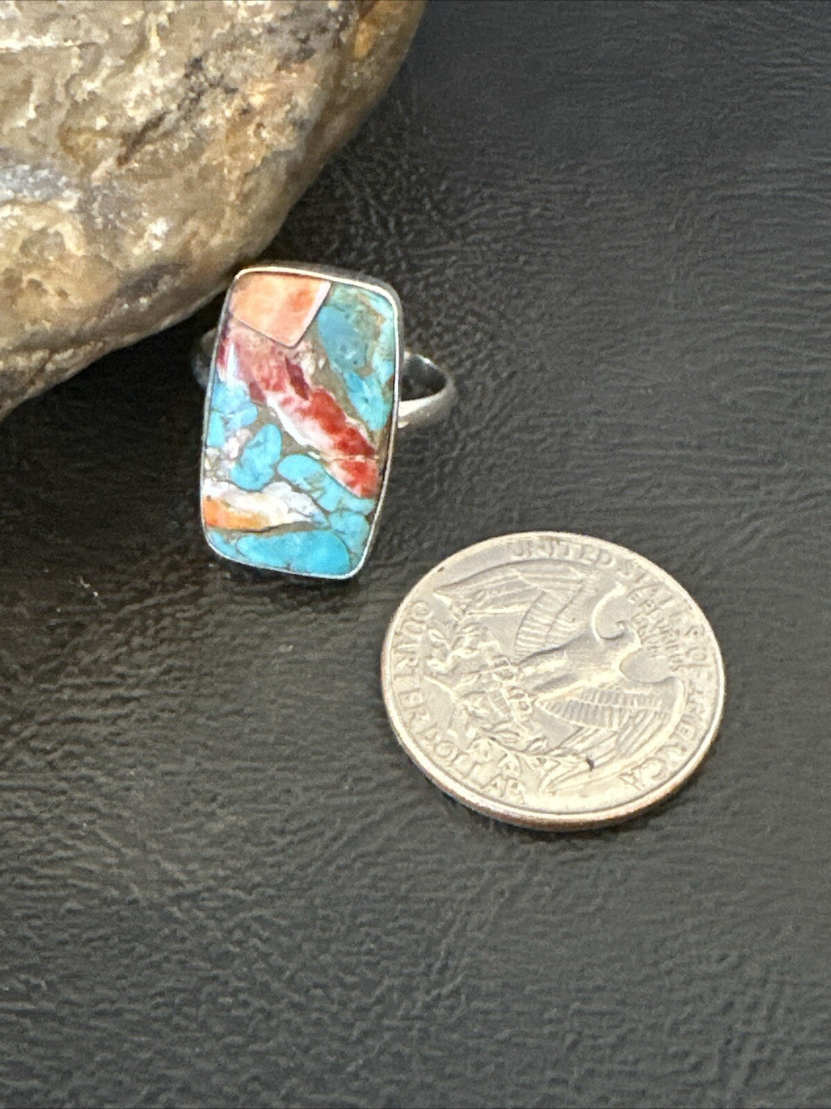 Blue Turquoise Spiny Oyster Southwestern Sterling Silver Ring Size 8 18434