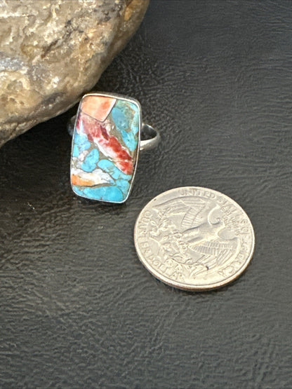 Blue Turquoise Spiny Oyster Southwestern Sterling Silver Ring Size 8 18434
