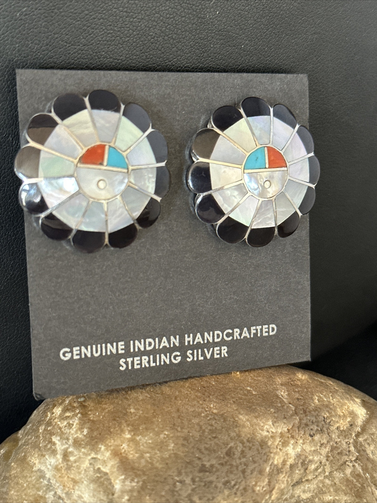 Coral Turquoise Onyx Abalone Zuni Sterling Silver Sunface Inlay Earrings 14769