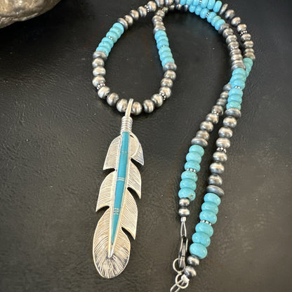 Mens Feather Turquoise Pendant Navajo Sterling Silver Beads Necklace 22" 18669