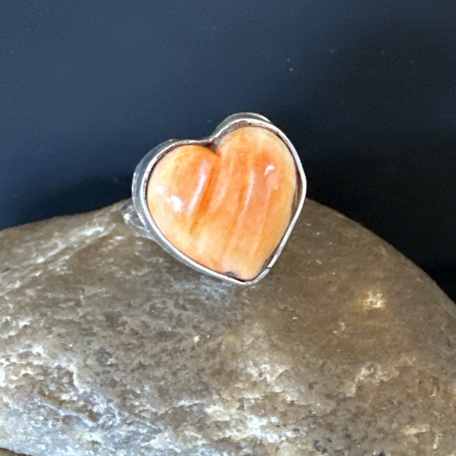 Orange Heart Ring Handmade Navajo Spiny Oyster Sterling Silver Sz 7.5 19331