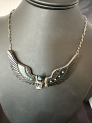 Navajo Flying Dangle 4.5"Black Jet Turquoise Necklace F Tom 20" | Authentic Native American Handmade | 19420