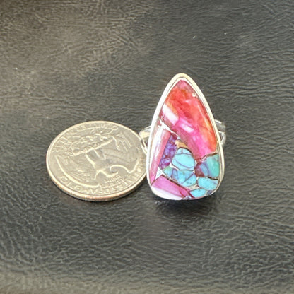 Blue Turquoise Spiny Oyster Navajo Sterling Silver Ring Size 7 18254