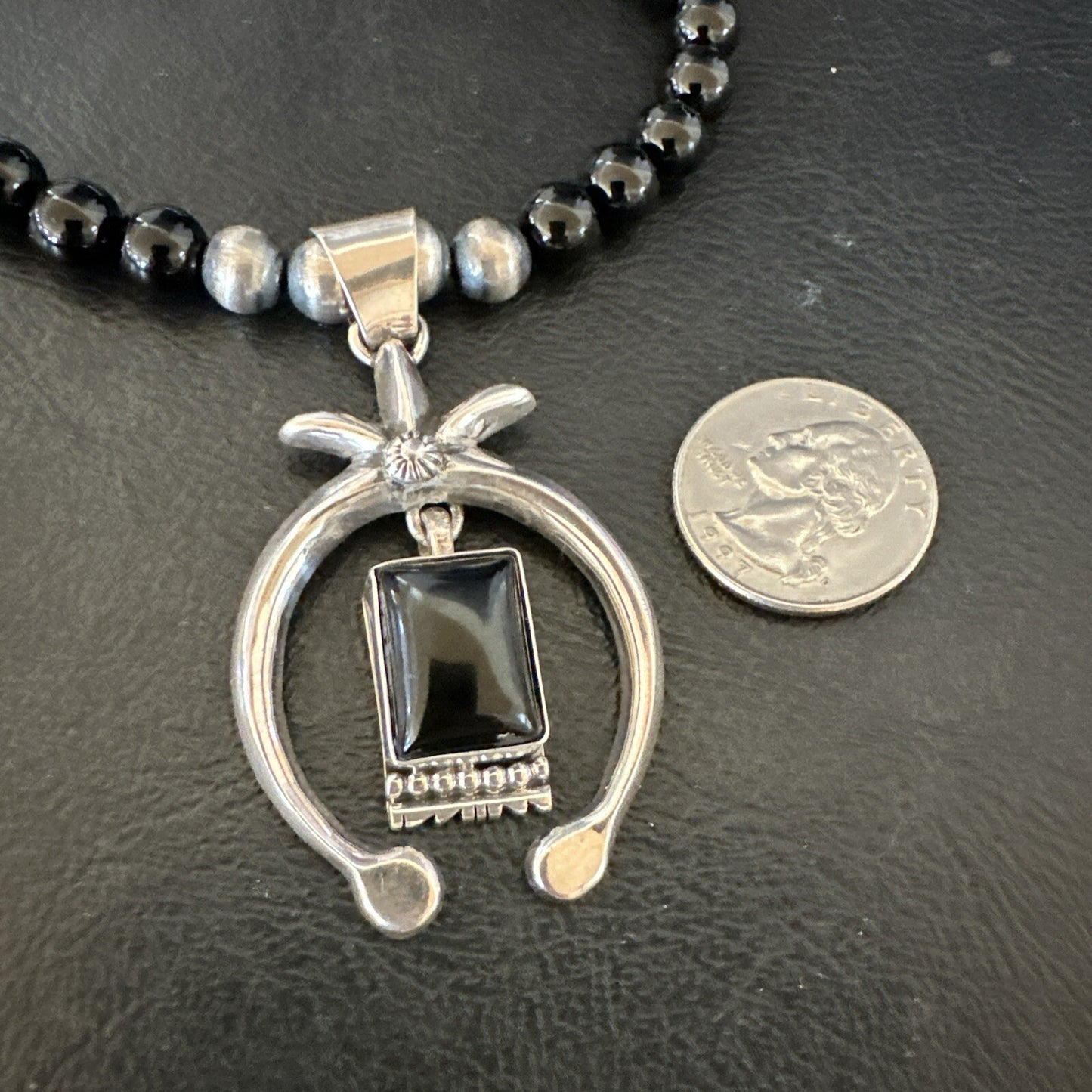 Mens Black Onyx Howlite Naja Pendant Navajo Sterling Silver Necklace 23” 17687