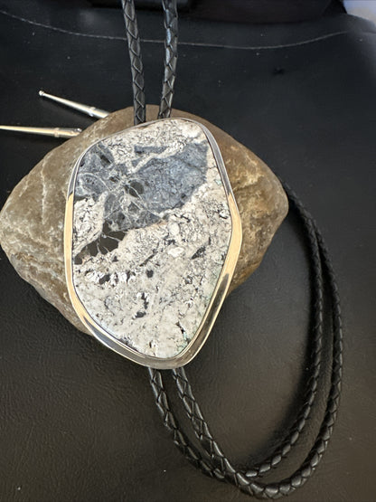 Mens BOLO TIE WHITE BUFFALO TURQUOISE Sterling Silver Navajo 3in 15004
