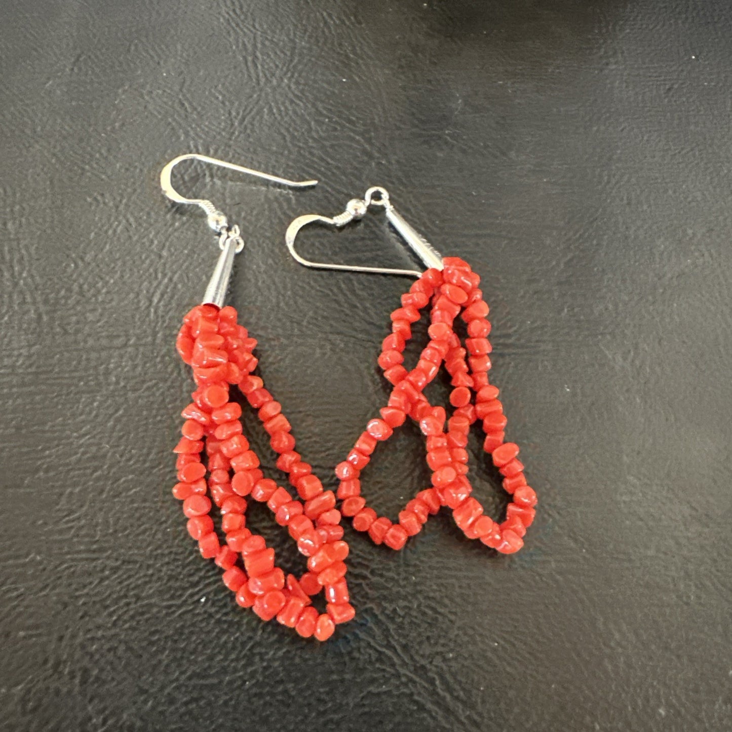 Native Red Real Coral Nugget Sterling Silver Dangle 2 Strand Earrings 2" 19347