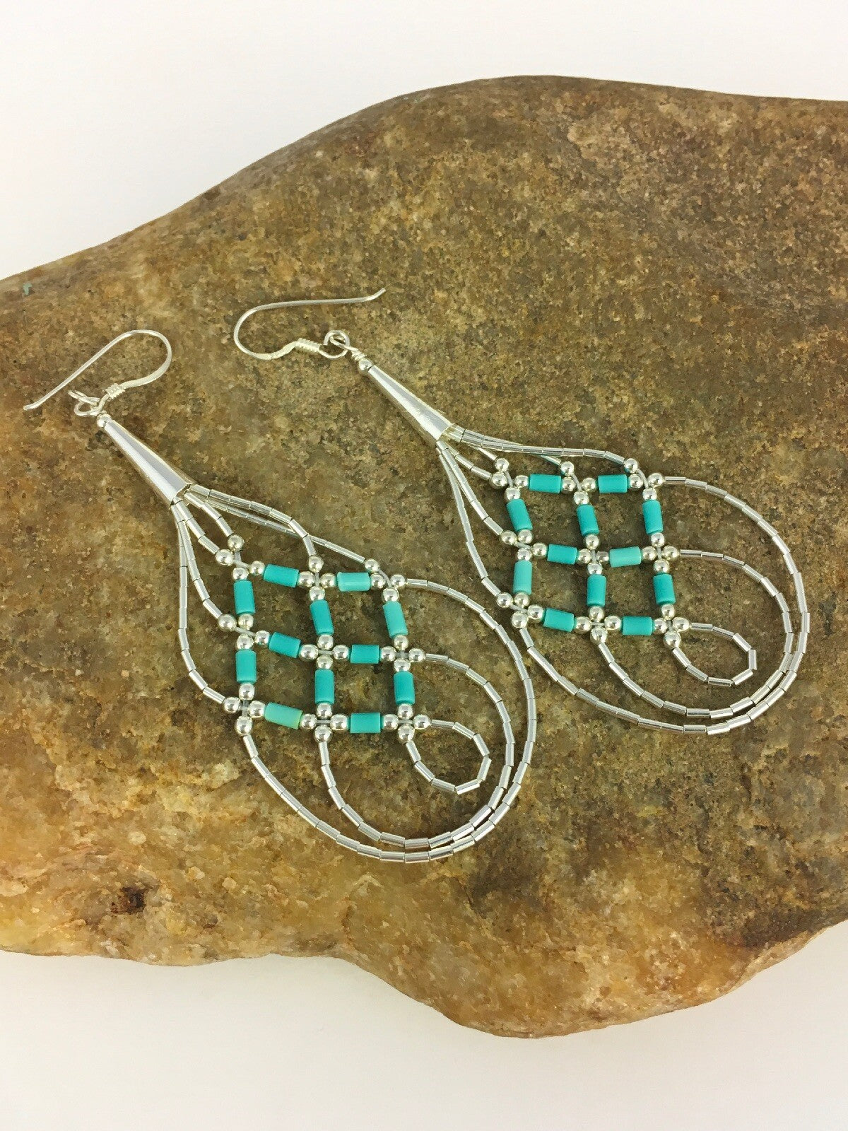 Native Blue Turquoise Heishi Liquid Sterling Silver Dangle Earrings 2" 08878