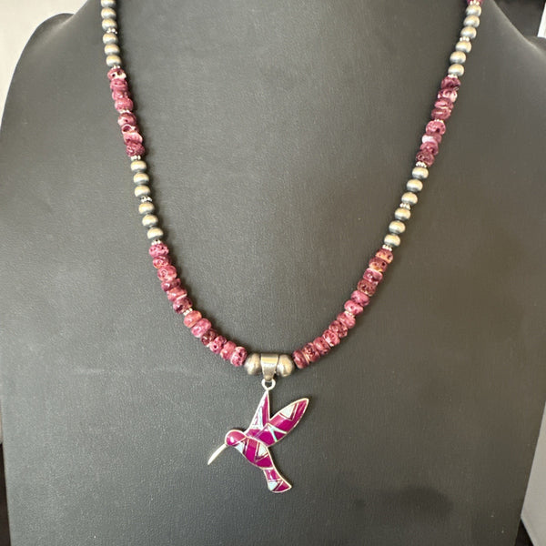 HummingBird Purple Spiny Sugilite Pendant Navajo Necklace | Sterling Silver | Authentic Native American Handmade | 19607