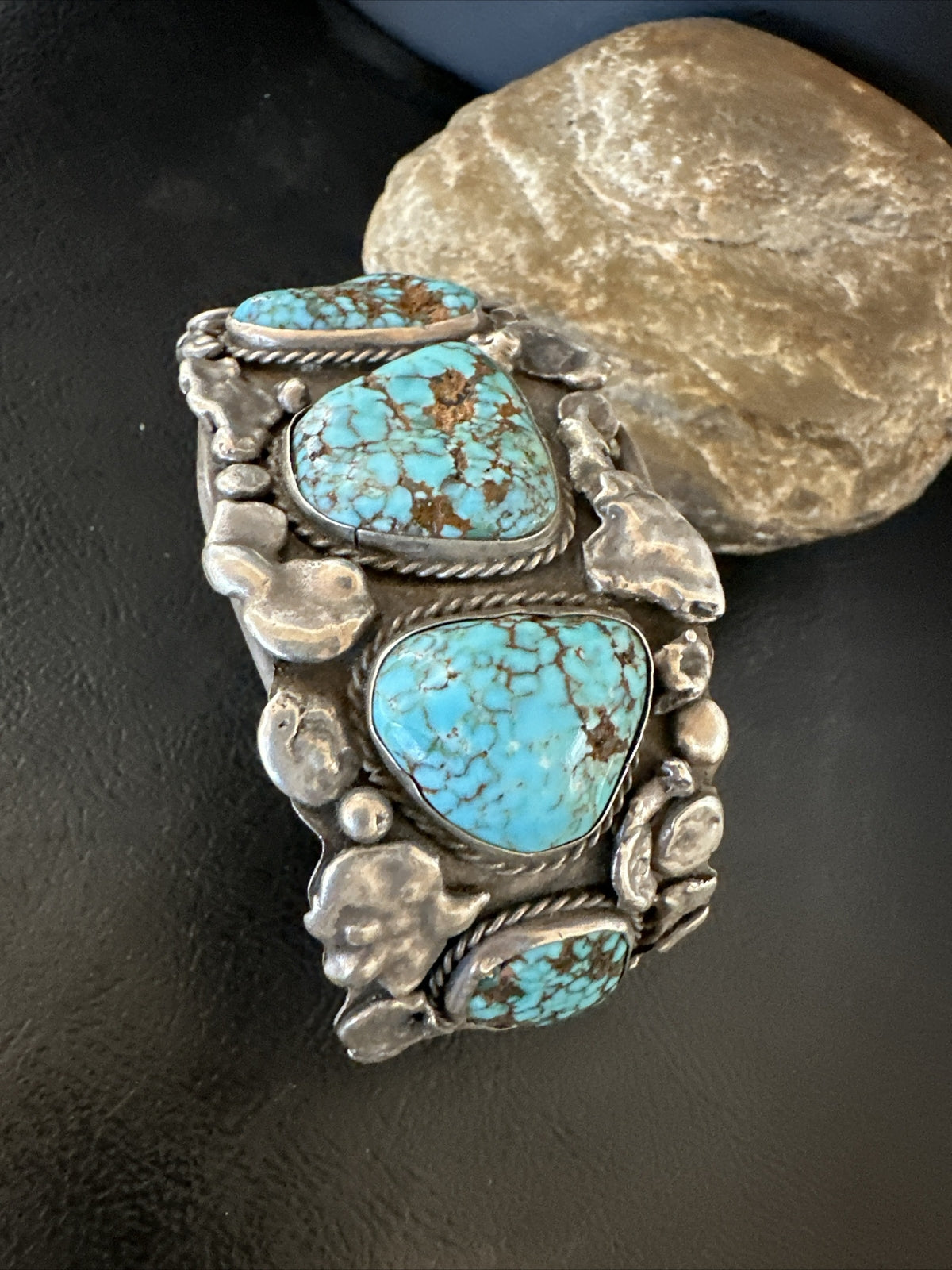XL Blue Kingman Turquoise Old Pawn 5S Navajo Sterling Silver Cuff Bracelet 18144