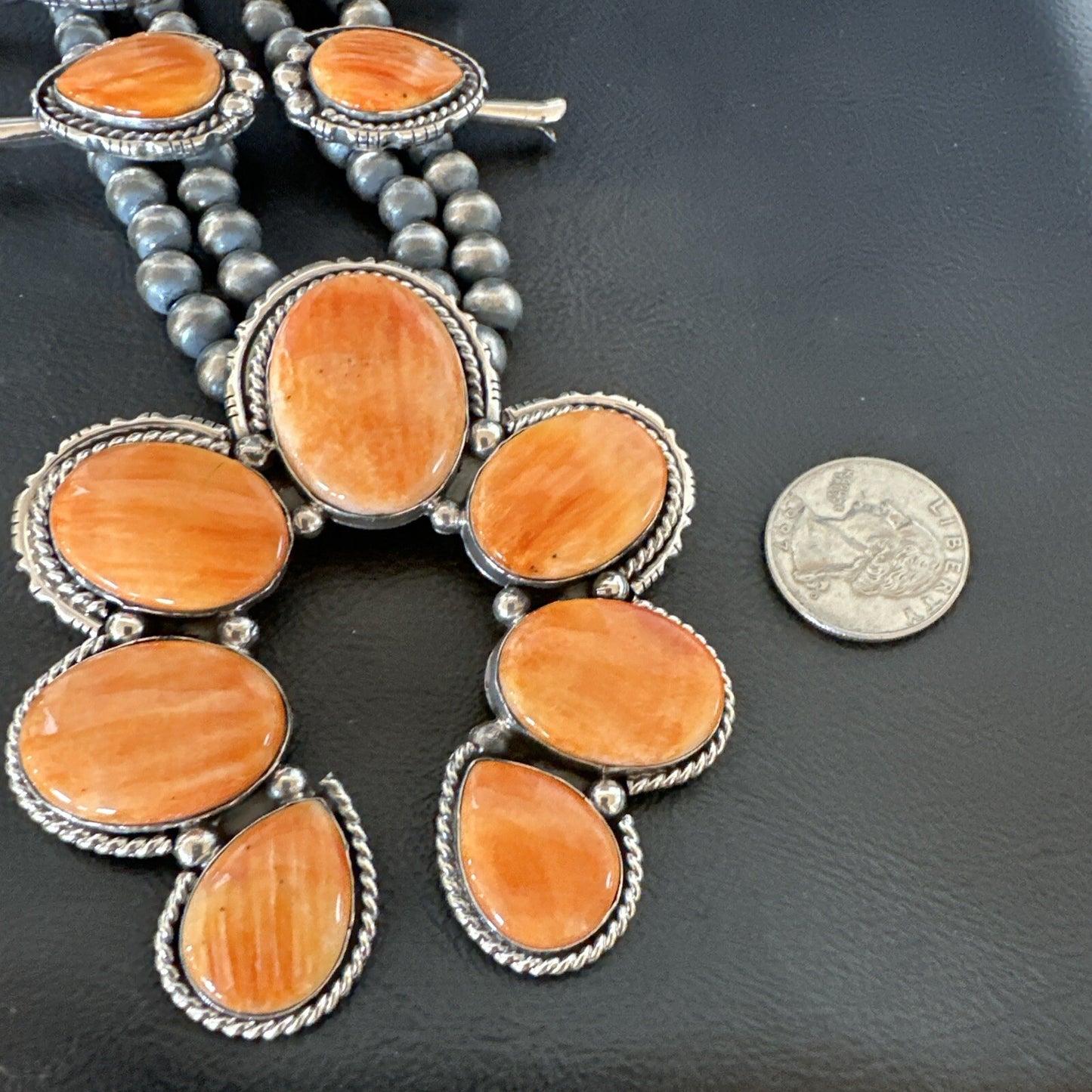 XL Orange Spiny Oyster Sterling Silver Squash Blossom Necklace 18134